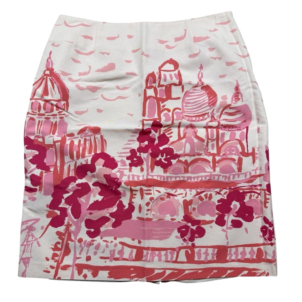Kemp & Company Lifestyle Skirt Women's 12 Pink Silk Blend Pencil Novelty Print